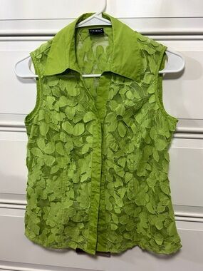 Tribal Lime Green Lace Overlay Sleeveless Button-Front Top